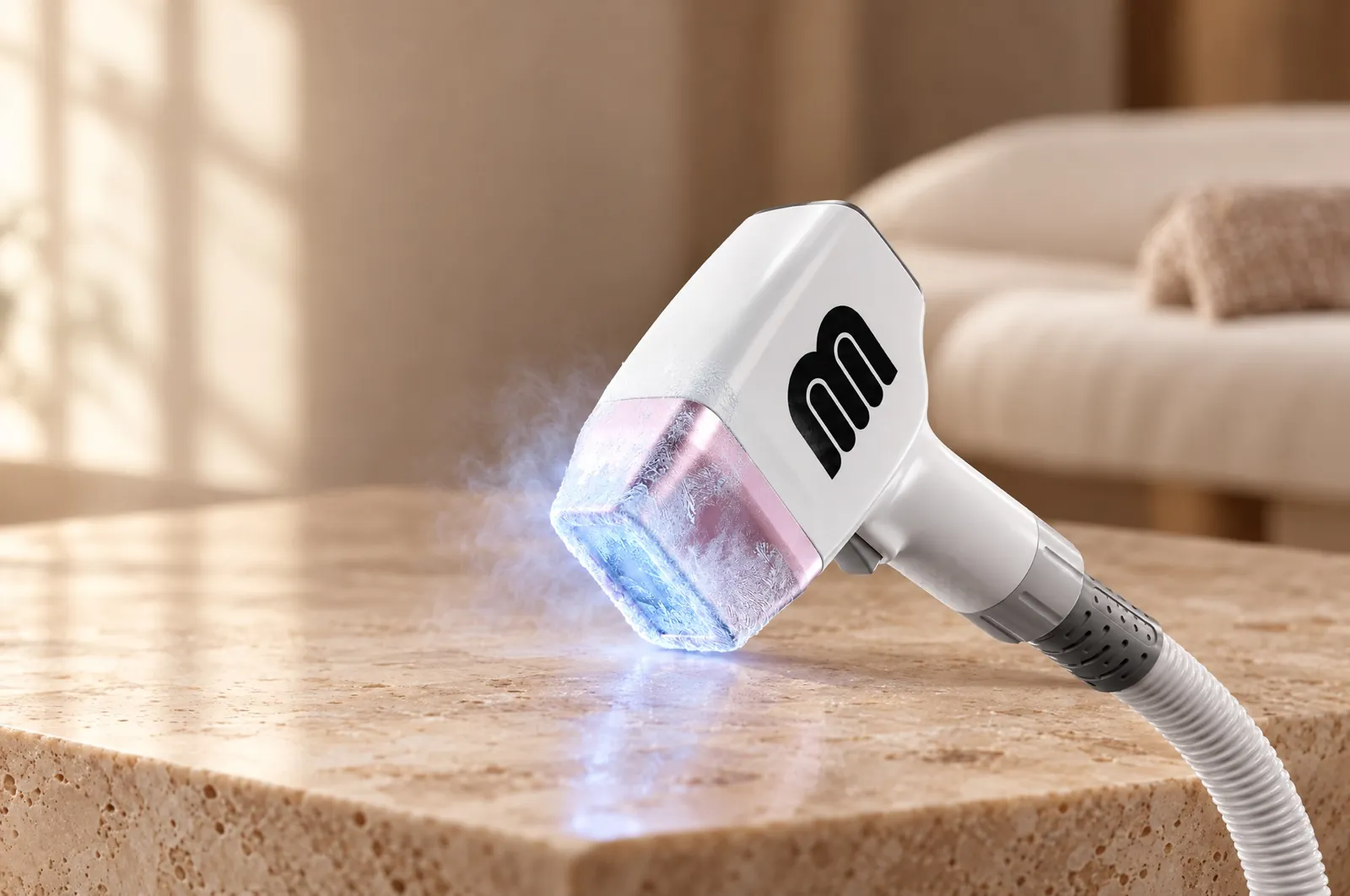 Het handstuk van de IceLaser Pro diode-laser van TheG8, met de gekoelde saffiertip